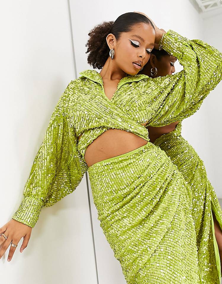 ASOS EDITION sequin wrap front shirt and midi skirt in lime green